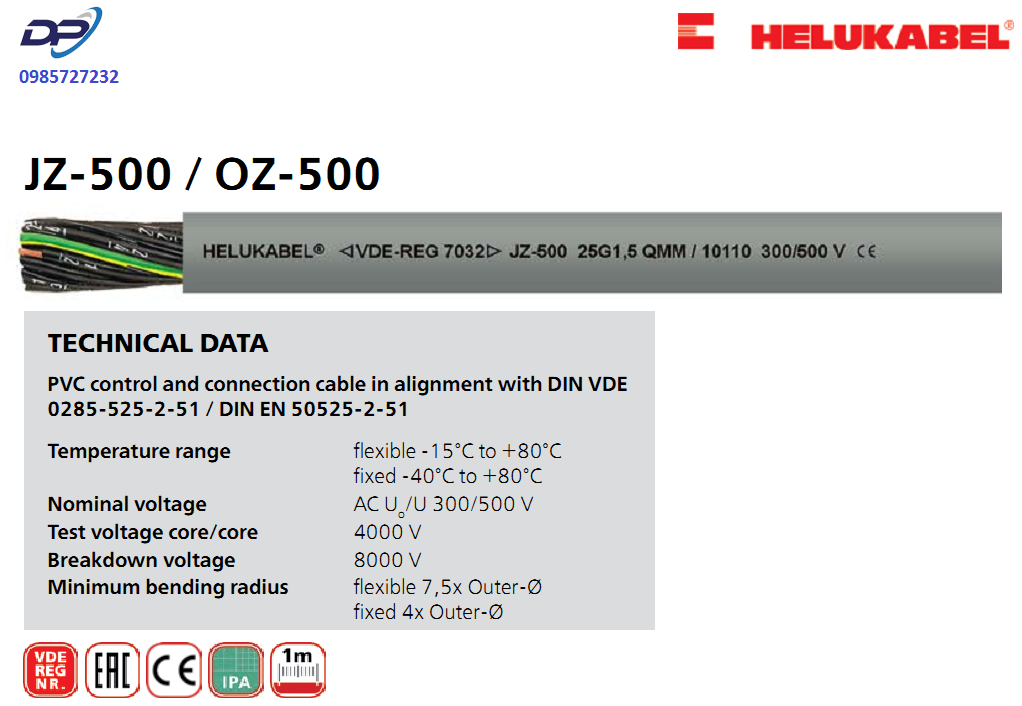 Cáp Điều Khiển HELUKABEL “JZ-500 / OZ-500” flexible, number coded, meter marking | Chính Hãng – Giá Tốt Nhất