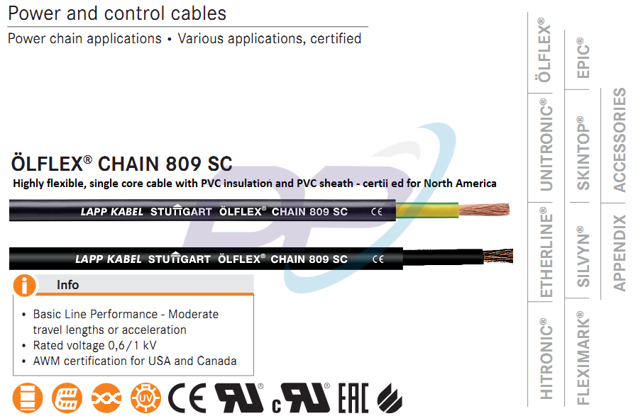 Cáp Nguồn LAPP KABEL ÖLFLEX® CHAIN 809 SC | Chính Hãng – Single Core – Chíu Uốn – Giá Tốt Nhất