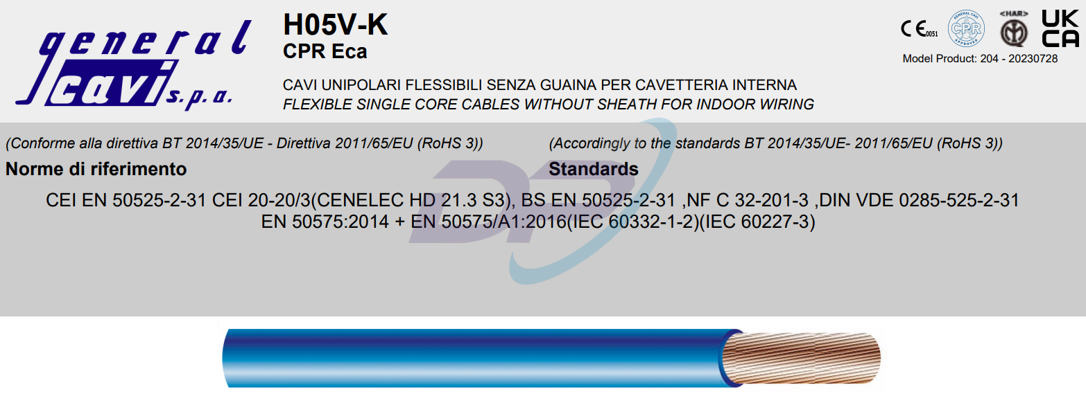 Dây Cáp Lõi Đơn – Single Core GENERAL CAVI/ ITALY H05V-K 300/500V | Chính Hãng – Giá Tốt Nhất