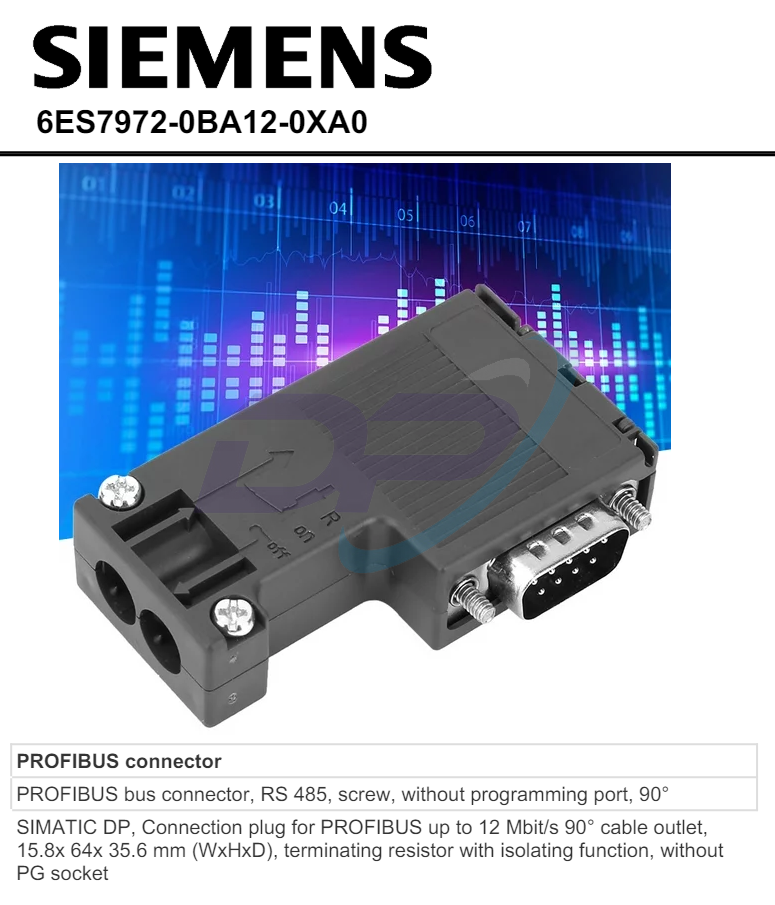 6ES7972-0BA12-0XA0 SIEMENS SIMATIC DP, Connection plug for PROFIBUS up to 12 Mbit/s 90° cable outlet, 15.8x 64x 35.6 mm (WxHxD), terminating resistor with isolating function, without PG socket | Chính Hãng – Giá Tốt Nhất