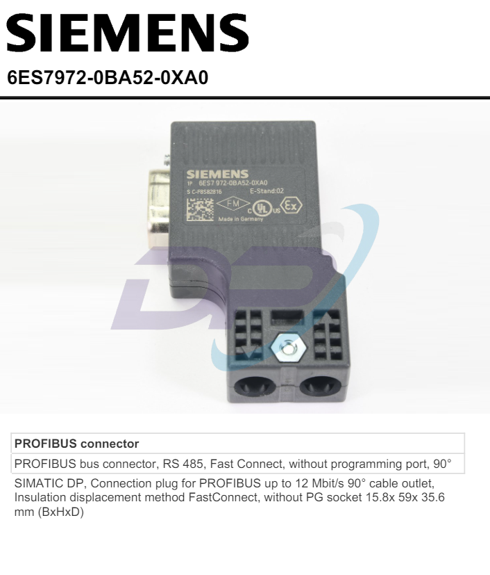 6ES7972-0BA52-0XA0 SIEMENS SIMATIC DP, Connection plug for PROFIBUS up to 12 Mbit/s 90° cable outlet, Insulation displacement method FastConnect, without PG socket 15.8x 59x 35.6 mm (BxHxD) | Chính Hãng – Giá Tốt Nhất
